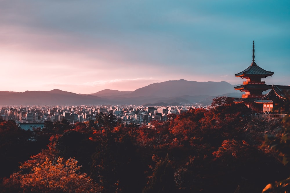 Japanese pagoda and mountains